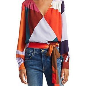 Tanya Taylor Klara Colorblock Silk Long Sleeve Wrap Blouse Plus Size